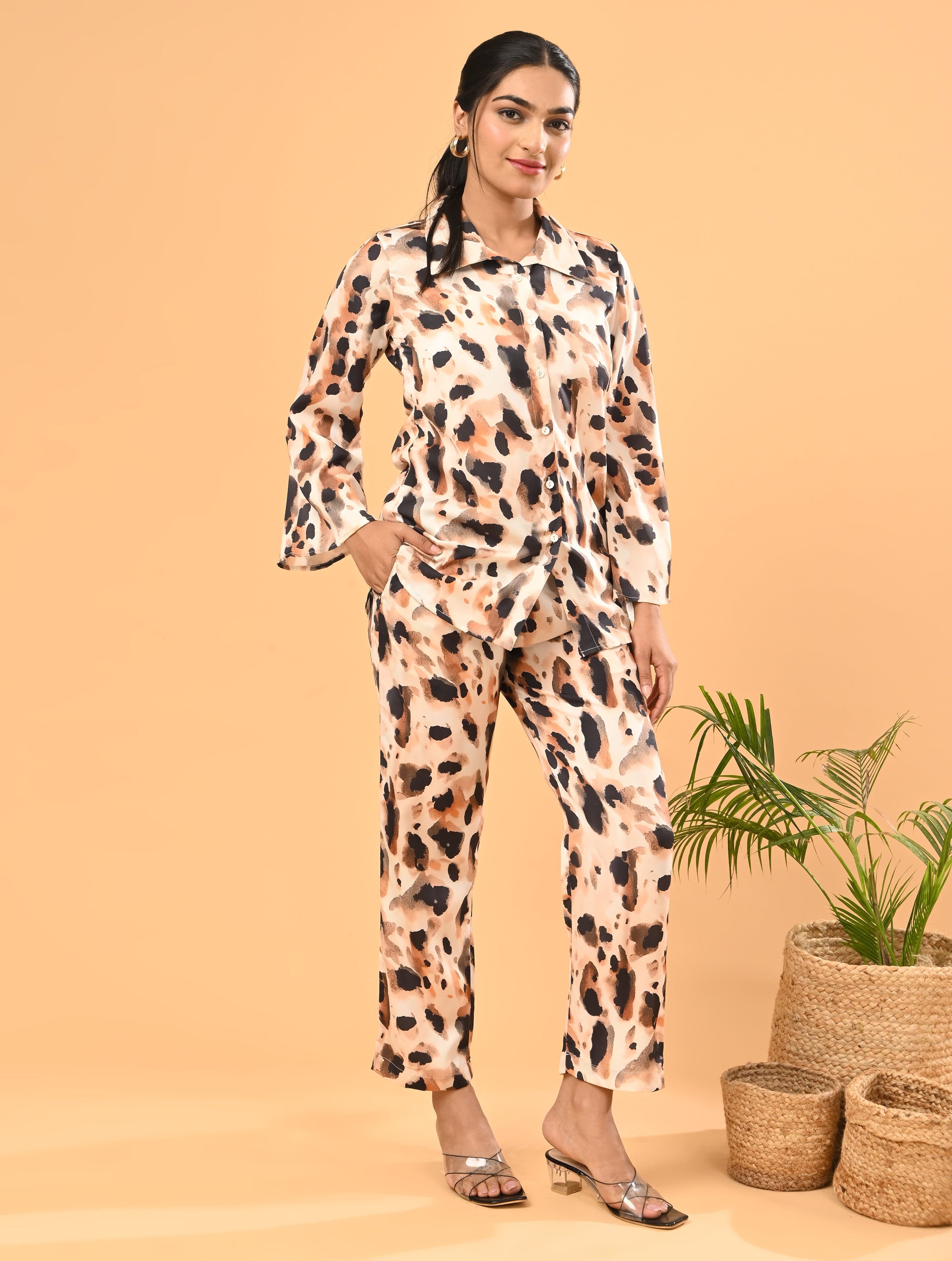 Beige Animal Print Cotton Co-Ord Set