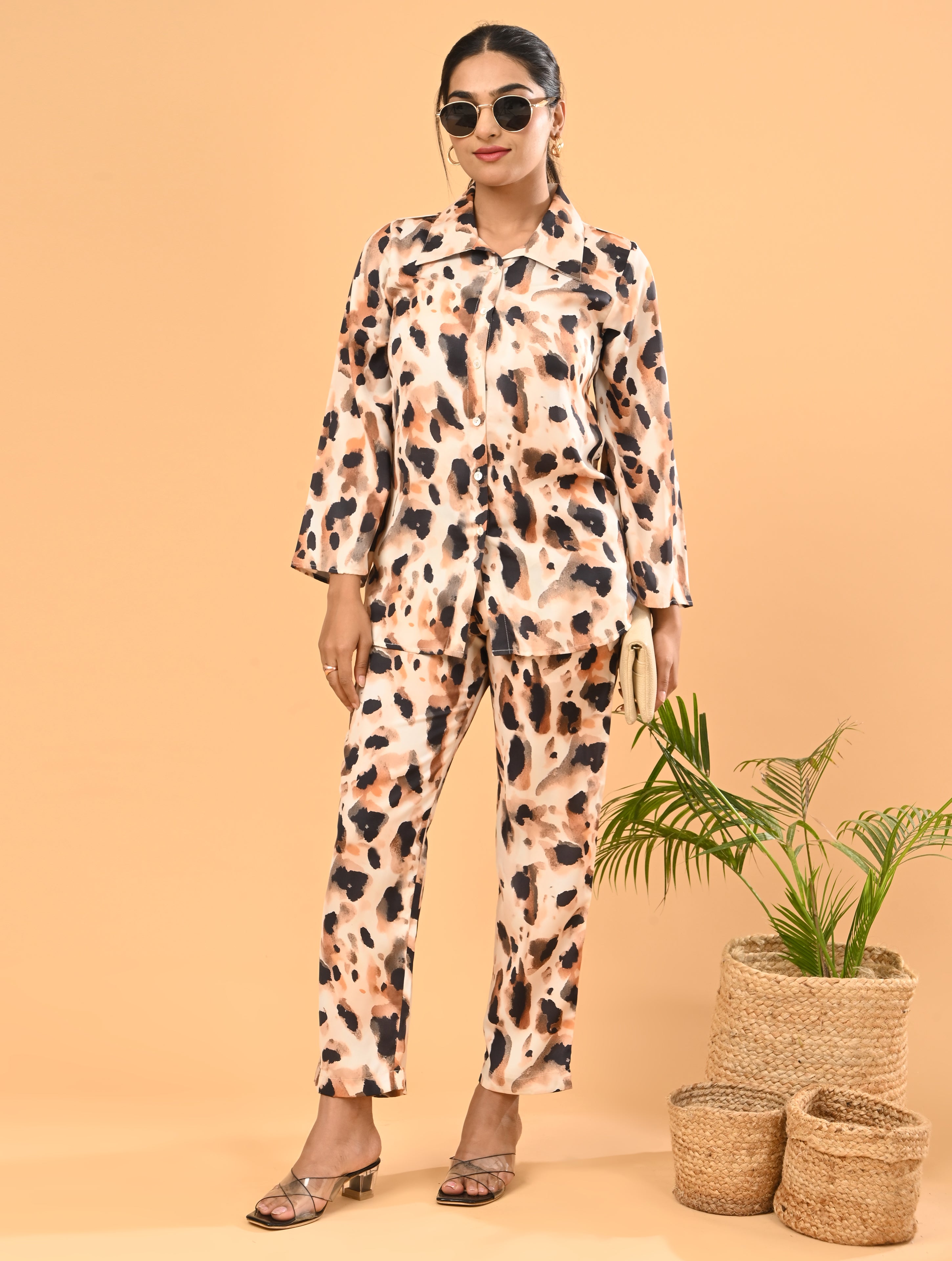 Beige Animal Print Cotton Co-Ord Set