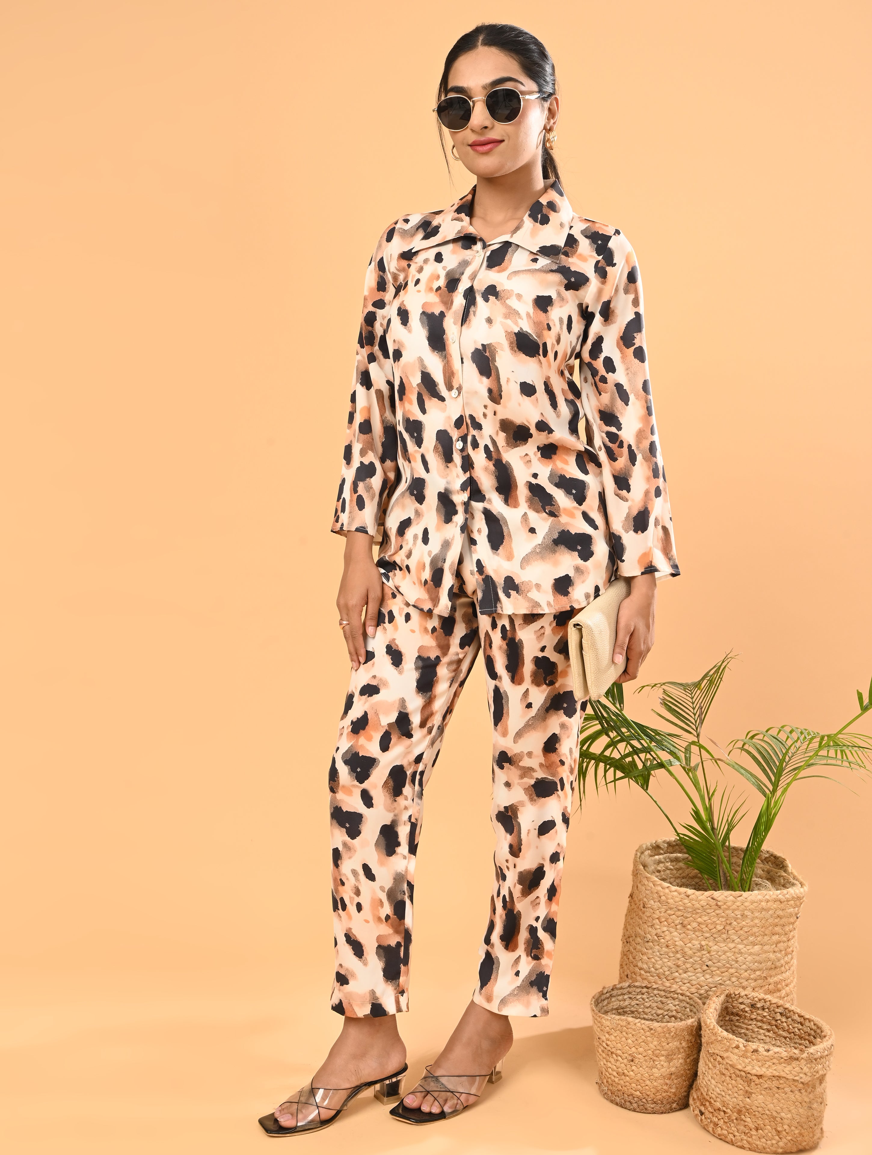 Beige Animal Print Cotton Co-Ord Set