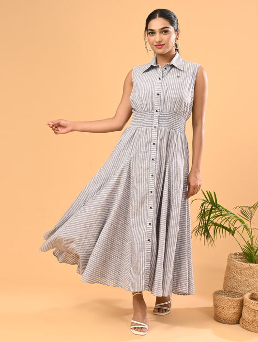Grey Striped Cotton Dress