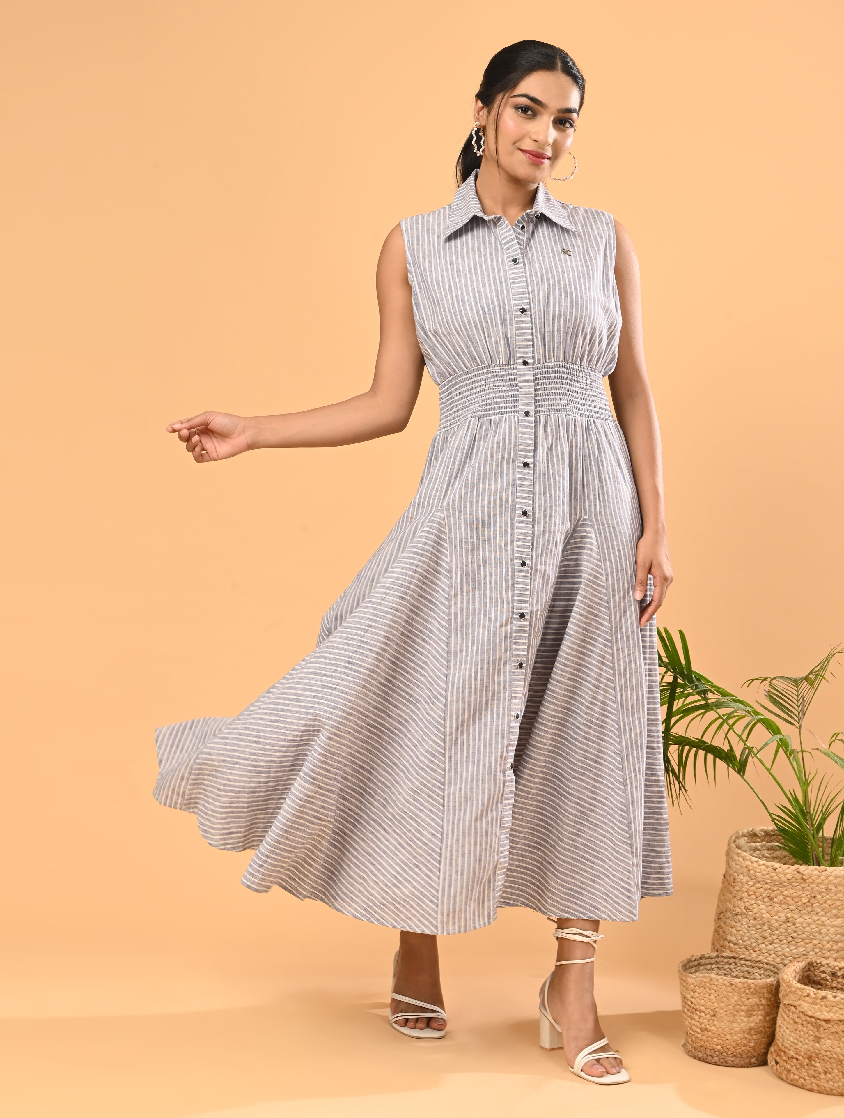 Grey Striped Cotton Dress