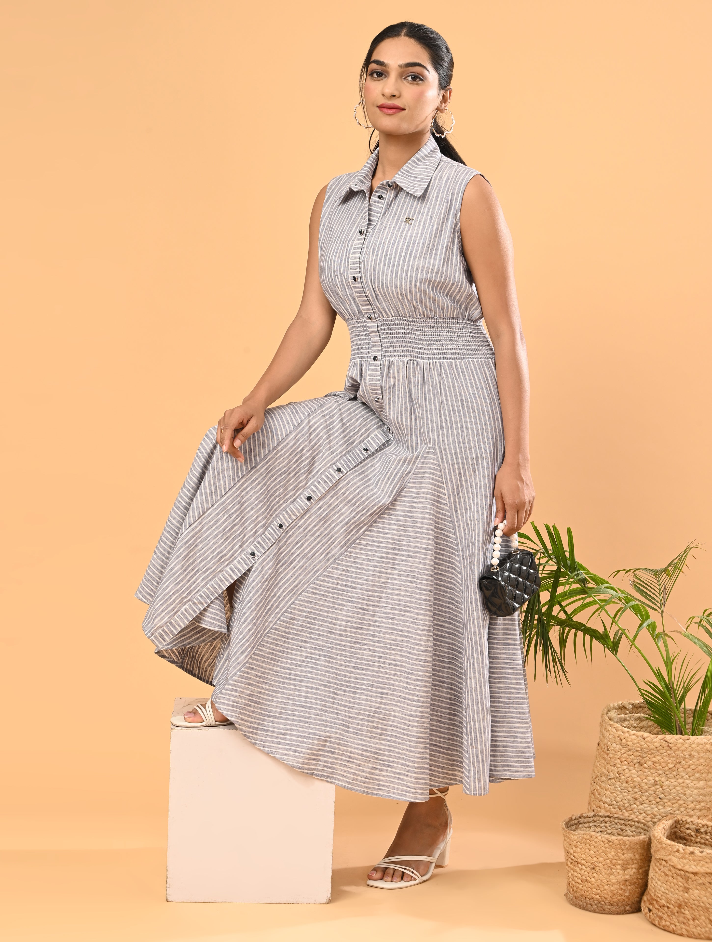 Grey Striped Cotton Dress