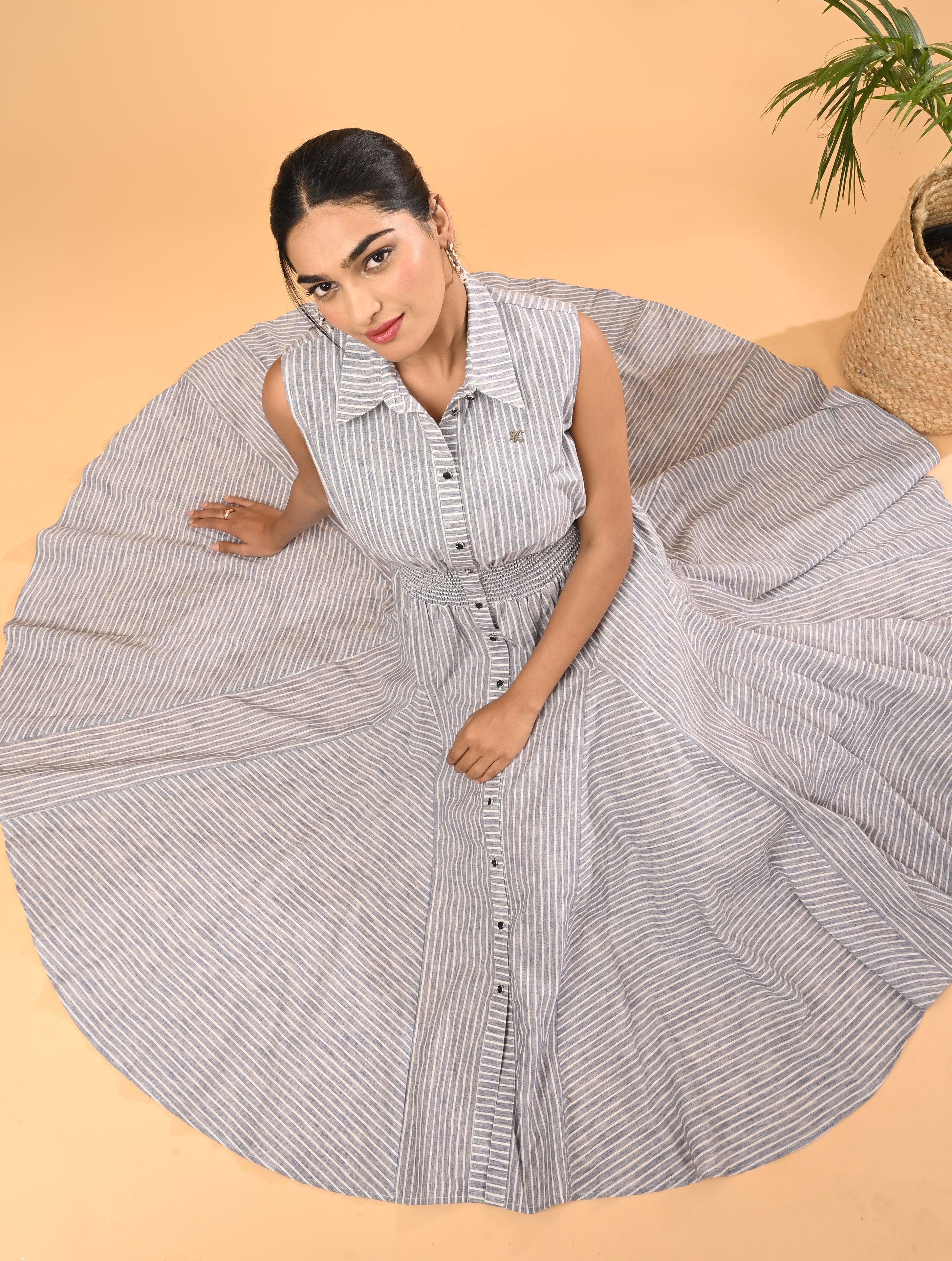 Grey Striped Cotton Dress
