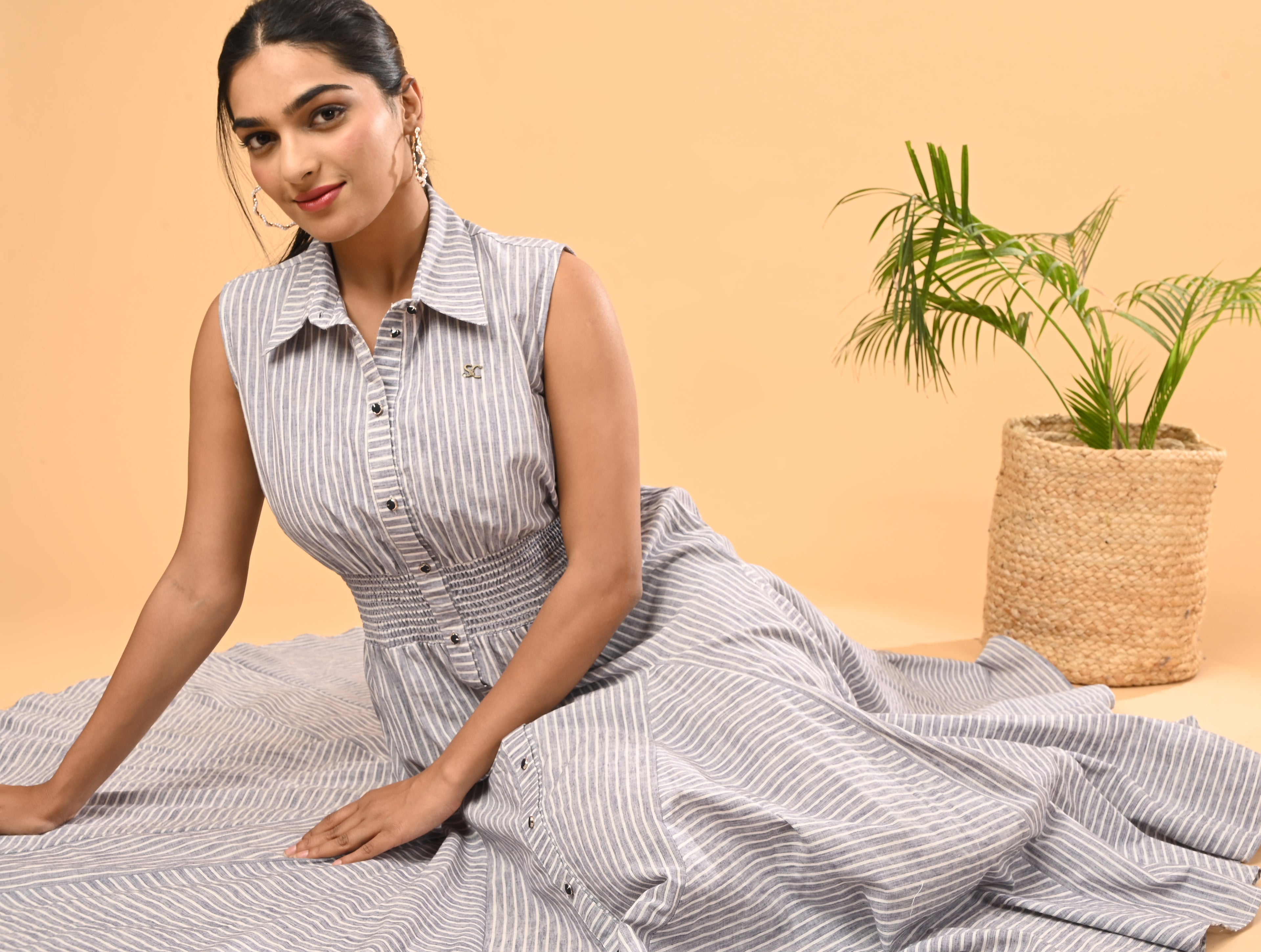 Grey Striped Cotton Dress