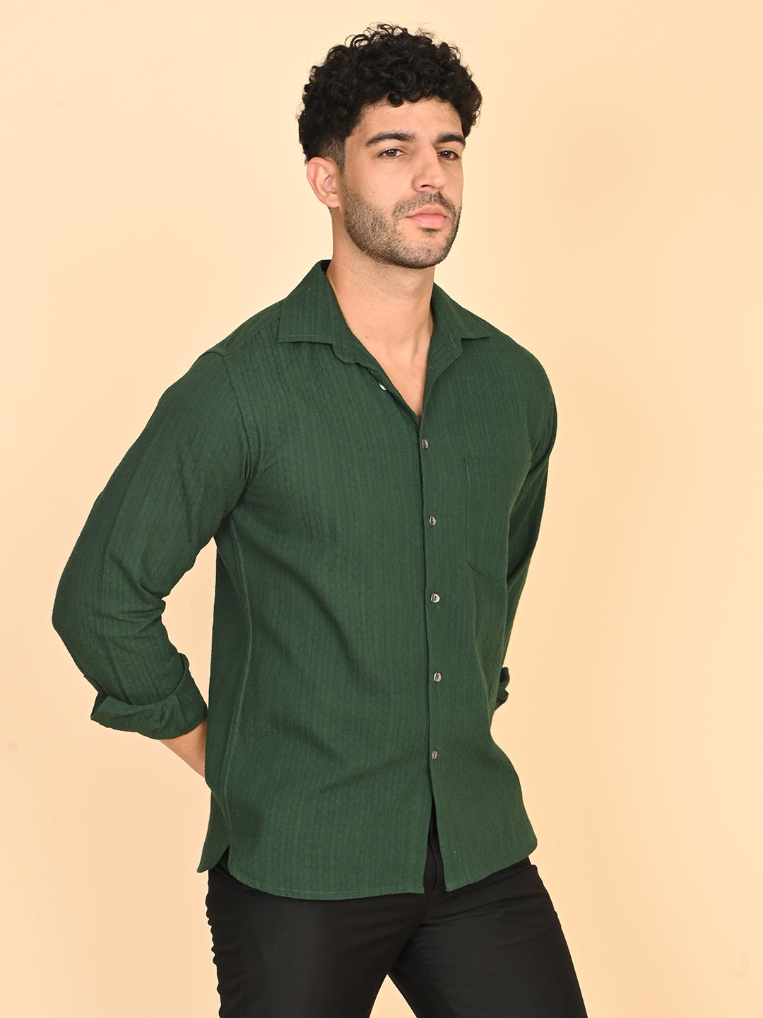 Full Sleeve Shirt in Green Cotton Dobby