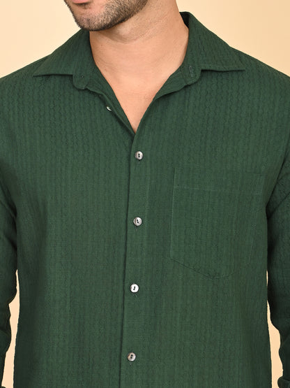 Full Sleeve Shirt in Green Cotton Dobby