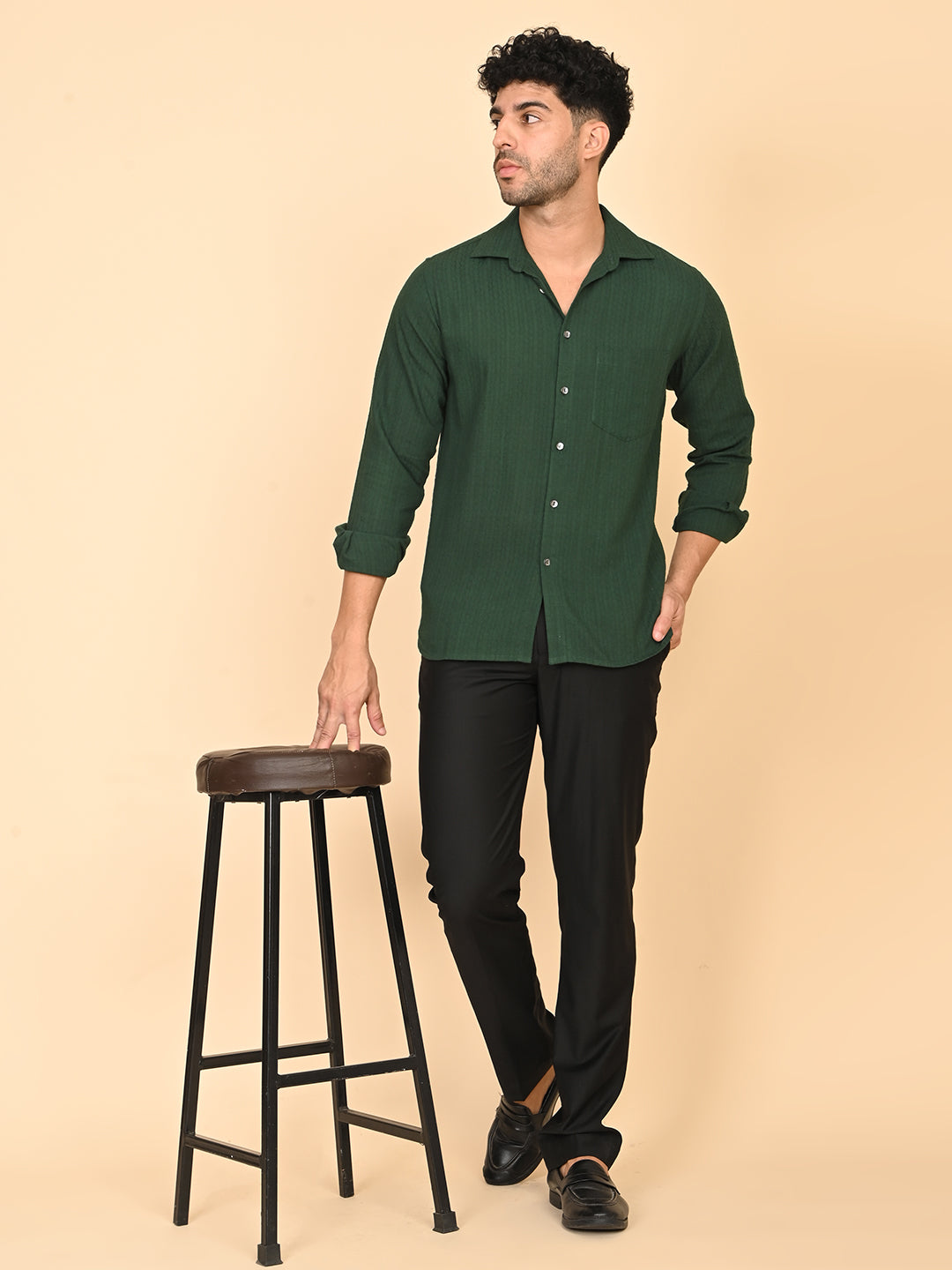 Full Sleeve Shirt in Green Cotton Dobby