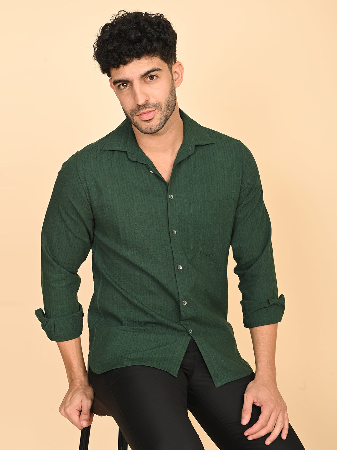 Full Sleeve Shirt in Green Cotton Dobby