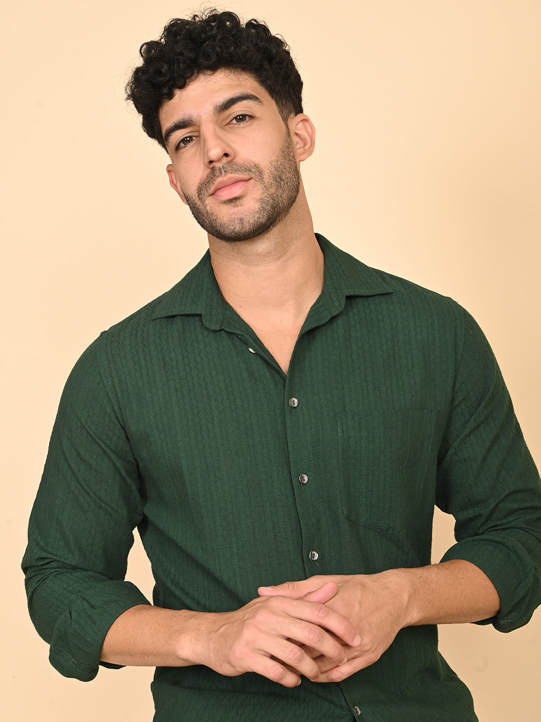 Full Sleeve Shirt in Green Cotton Dobby