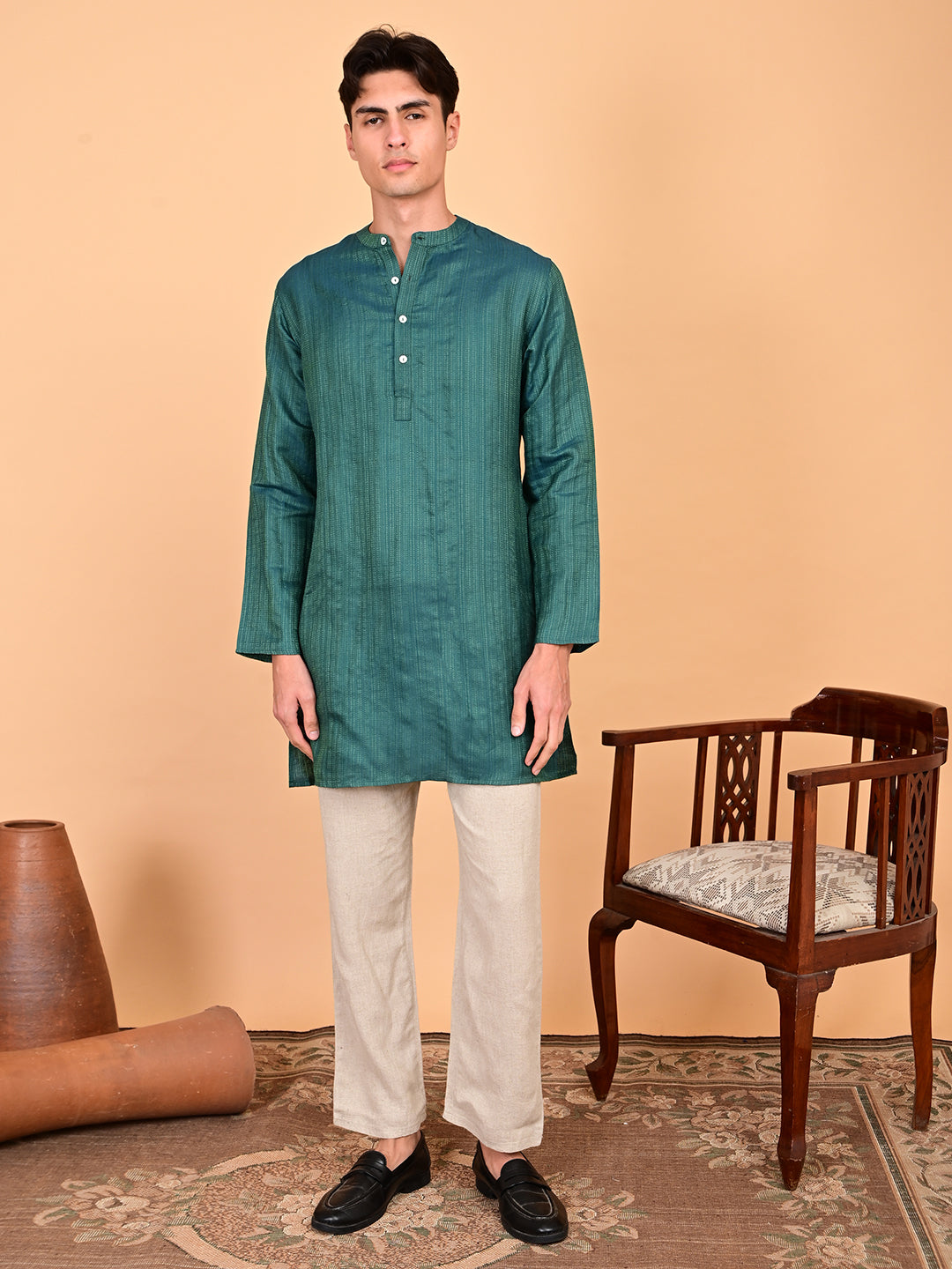 Mid Length Kurta in Silk Dobby Weave - Green