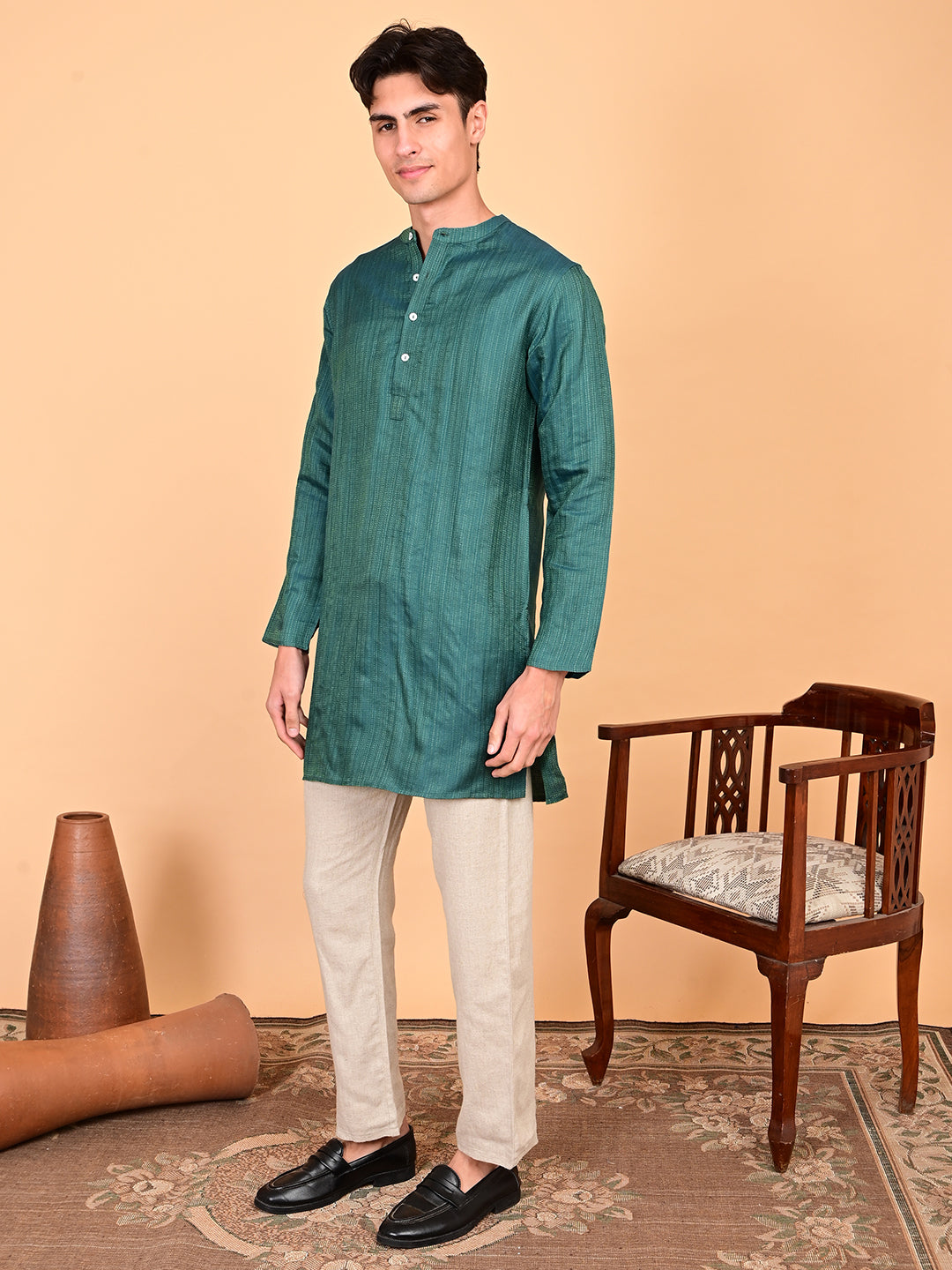 Mid Length Kurta in Silk Dobby Weave - Green
