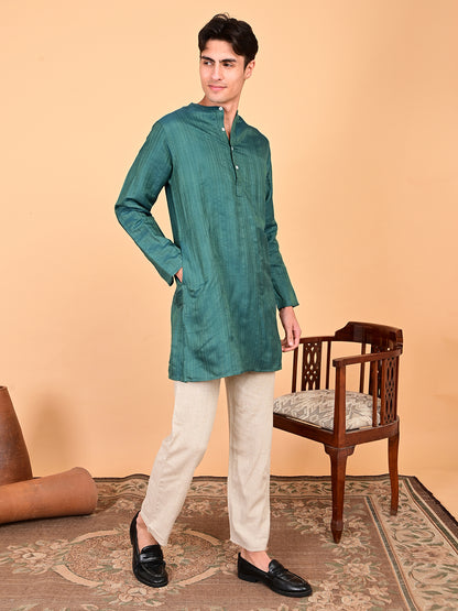 Mid Length Kurta in Silk Dobby Weave - Green