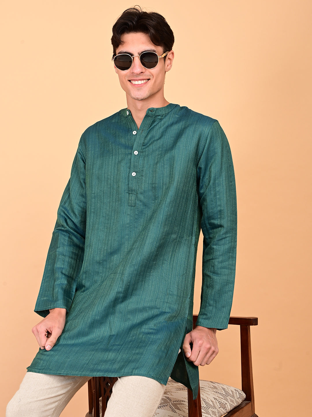 Mid Length Kurta in Silk Dobby Weave - Green
