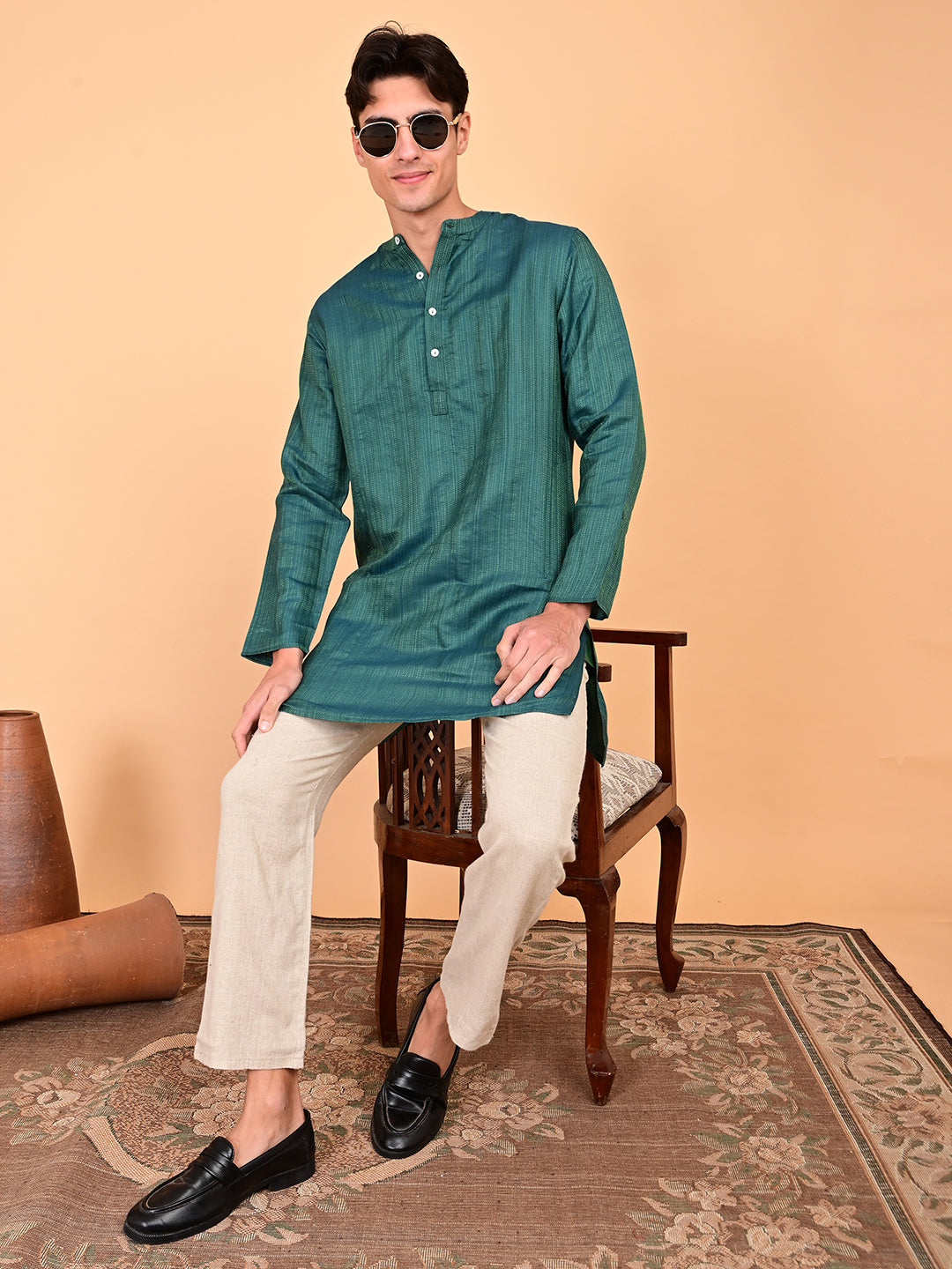 Mid Length Kurta in Silk Dobby Weave - Green