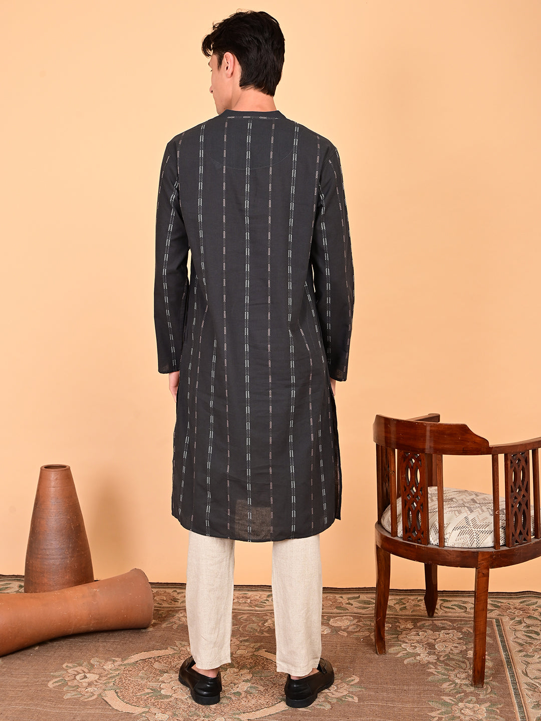 Black Cotton Dobby Weave Long Length Kurta