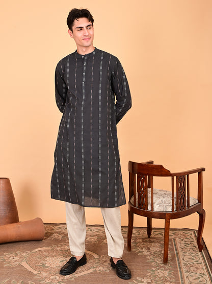 Black Cotton Dobby Weave Long Length Kurta
