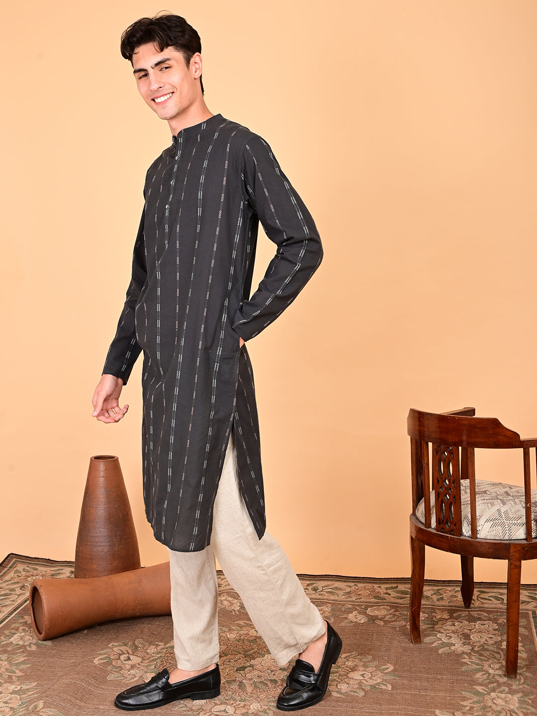 Black Cotton Dobby Weave Long Length Kurta