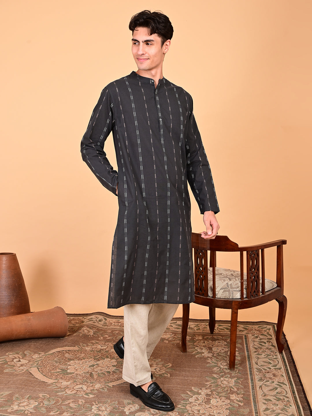 Black Cotton Dobby Weave Long Length Kurta