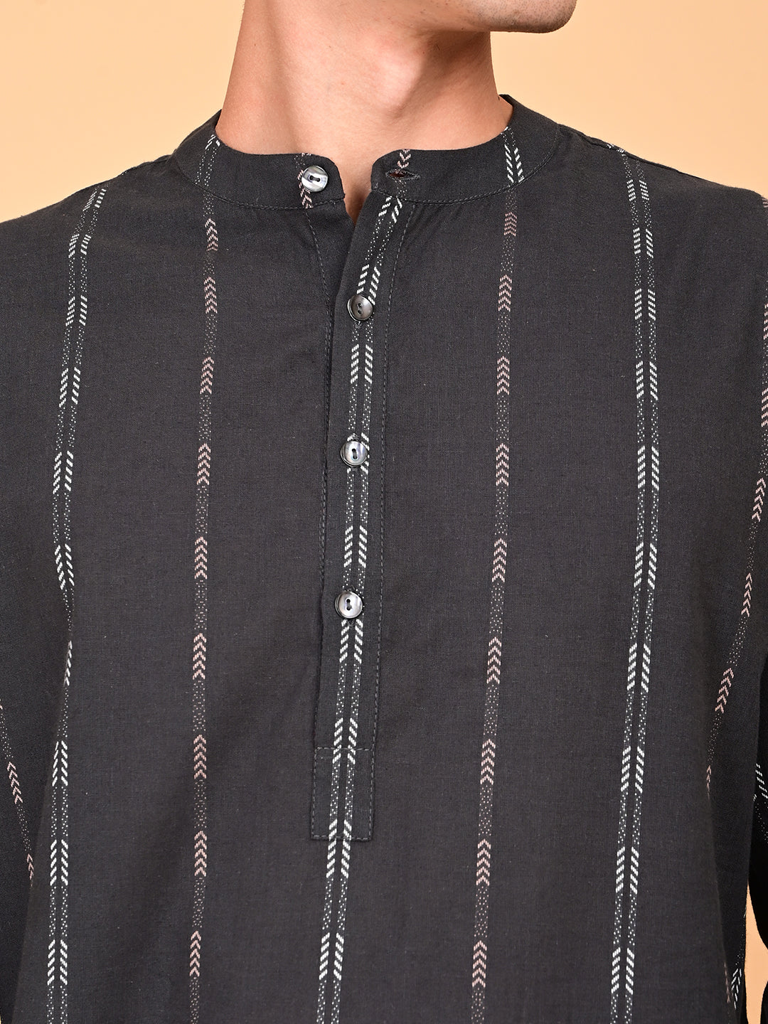 Black Cotton Dobby Weave Long Length Kurta