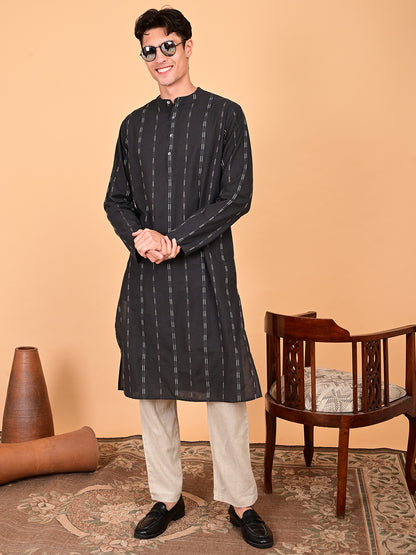 Black Cotton Dobby Weave Long Length Kurta