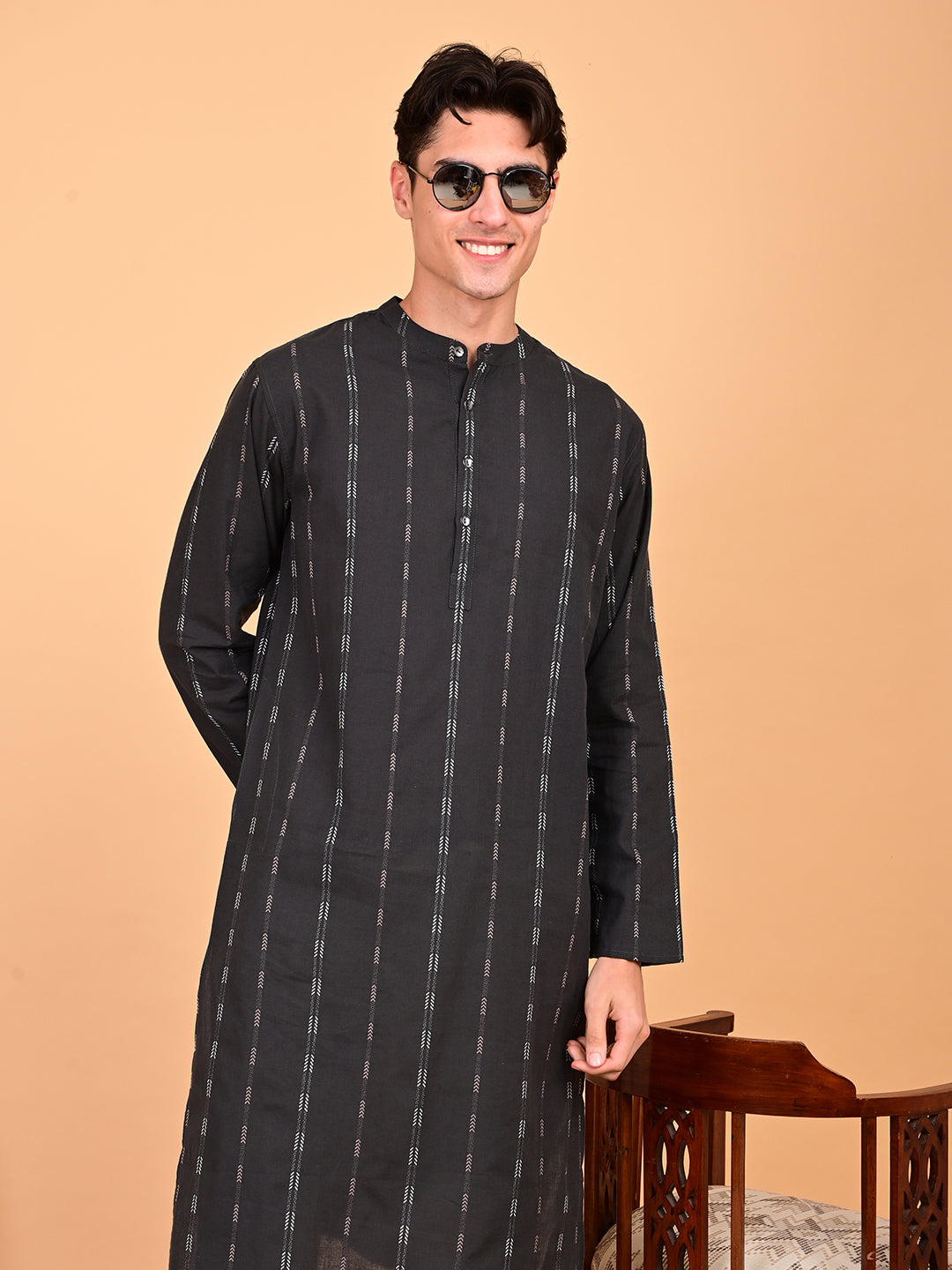 Black Cotton Dobby Weave Long Length Kurta