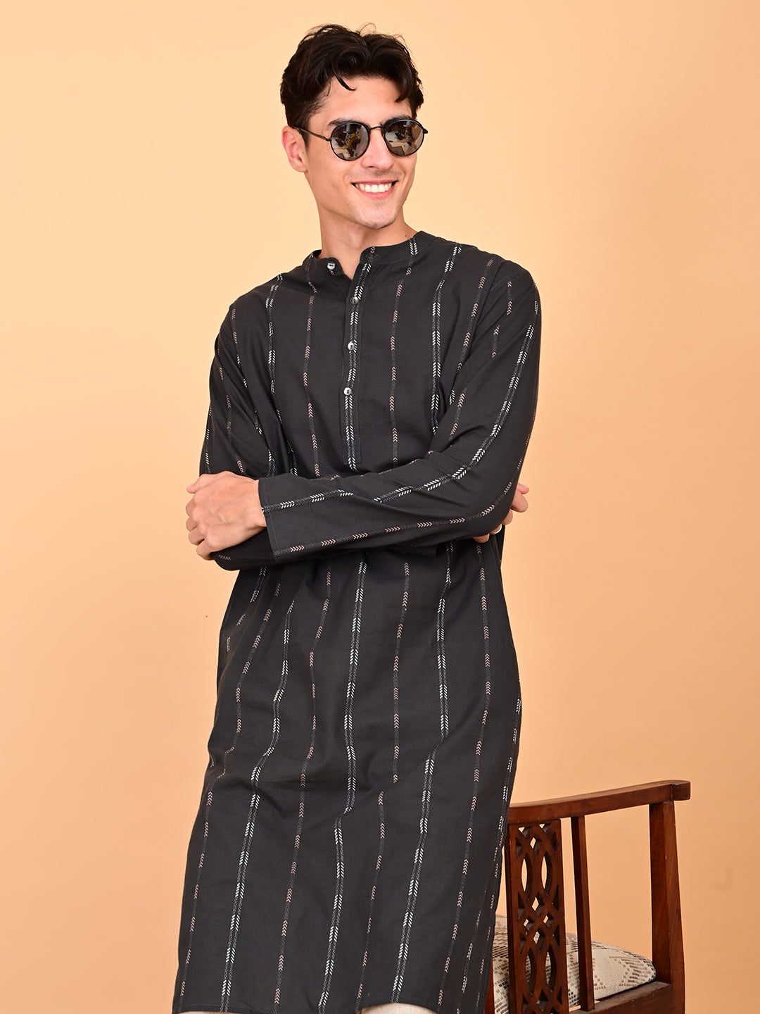 Black Cotton Dobby Weave Long Length Kurta