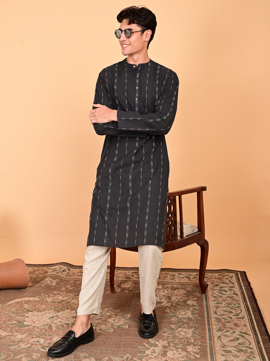 Black Cotton Dobby Weave Long Length Kurta