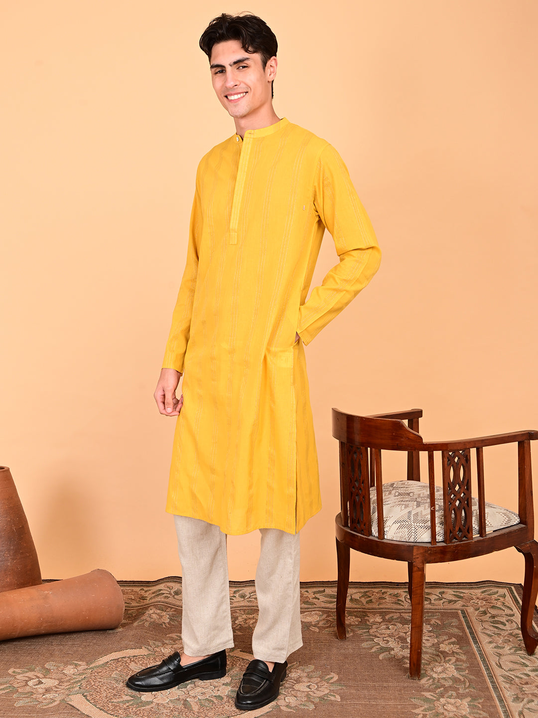 Yellow Cotton Dobby with Lurex Weave Full-Length Kurta