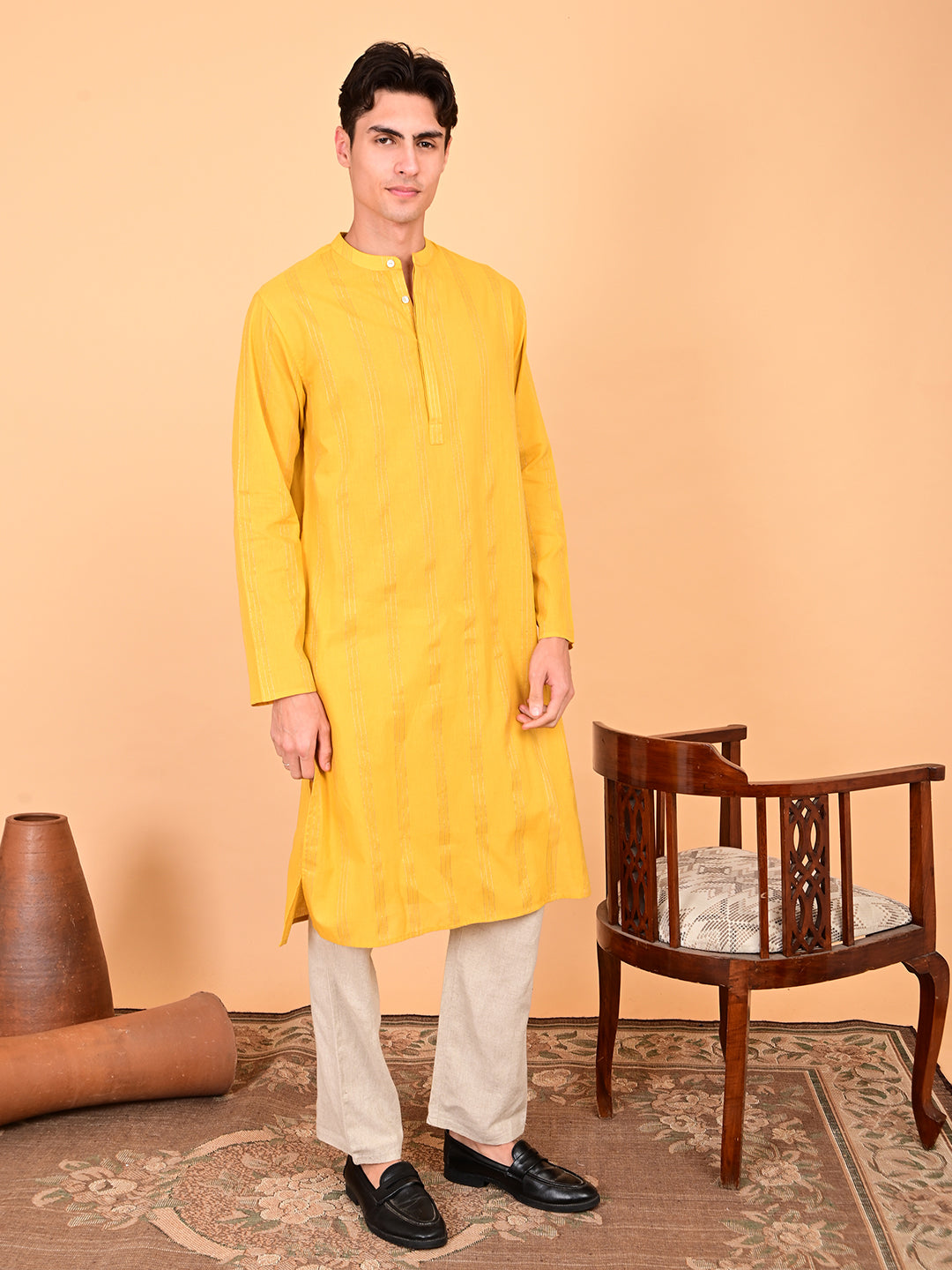 Yellow Cotton Dobby with Lurex Weave Full-Length Kurta