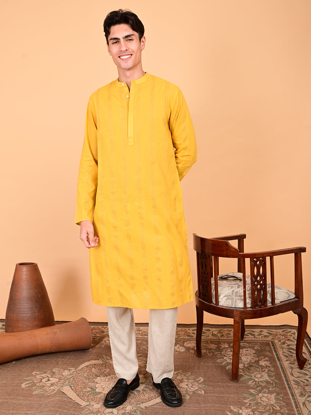 Yellow Cotton Dobby with Lurex Weave Full-Length Kurta