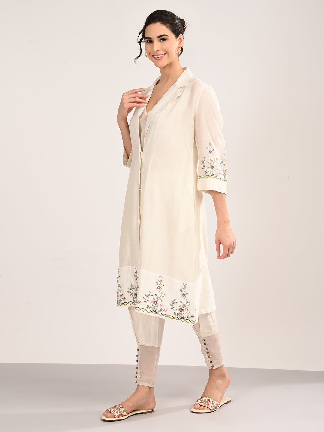 Ivory Silk Chanderi Tailored Shirt Dress with Handcrafted Chikankari Embroidery