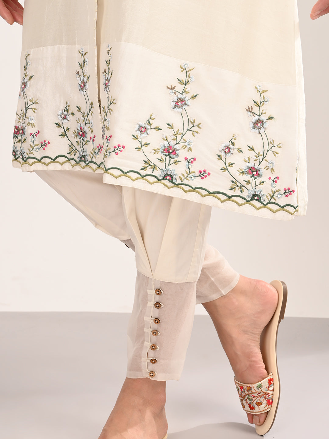 Ivory Silk Chanderi Tailored Shirt Dress with Handcrafted Chikankari Embroidery
