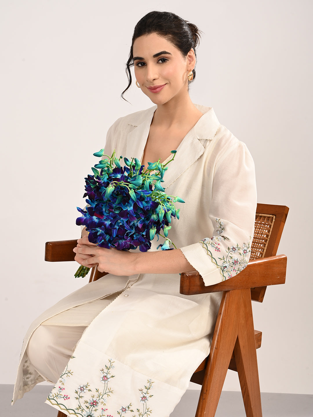 Ivory Silk Chanderi Tailored Shirt Dress with Handcrafted Chikankari Embroidery