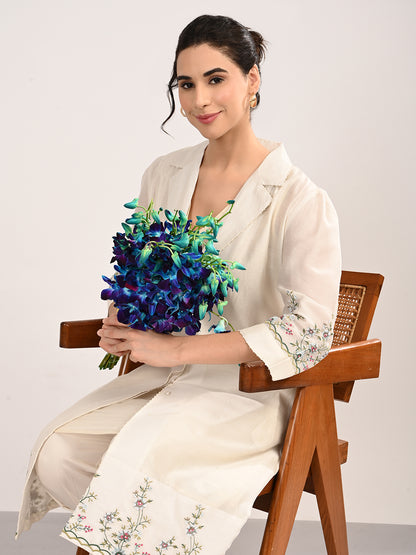 Ivory Silk Chanderi Tailored Shirt Dress with Handcrafted Chikankari Embroidery