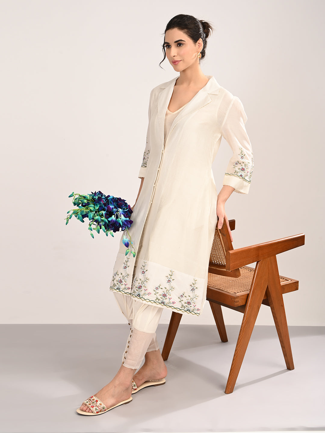 Ivory Silk Chanderi Tailored Shirt Dress with Handcrafted Chikankari Embroidery