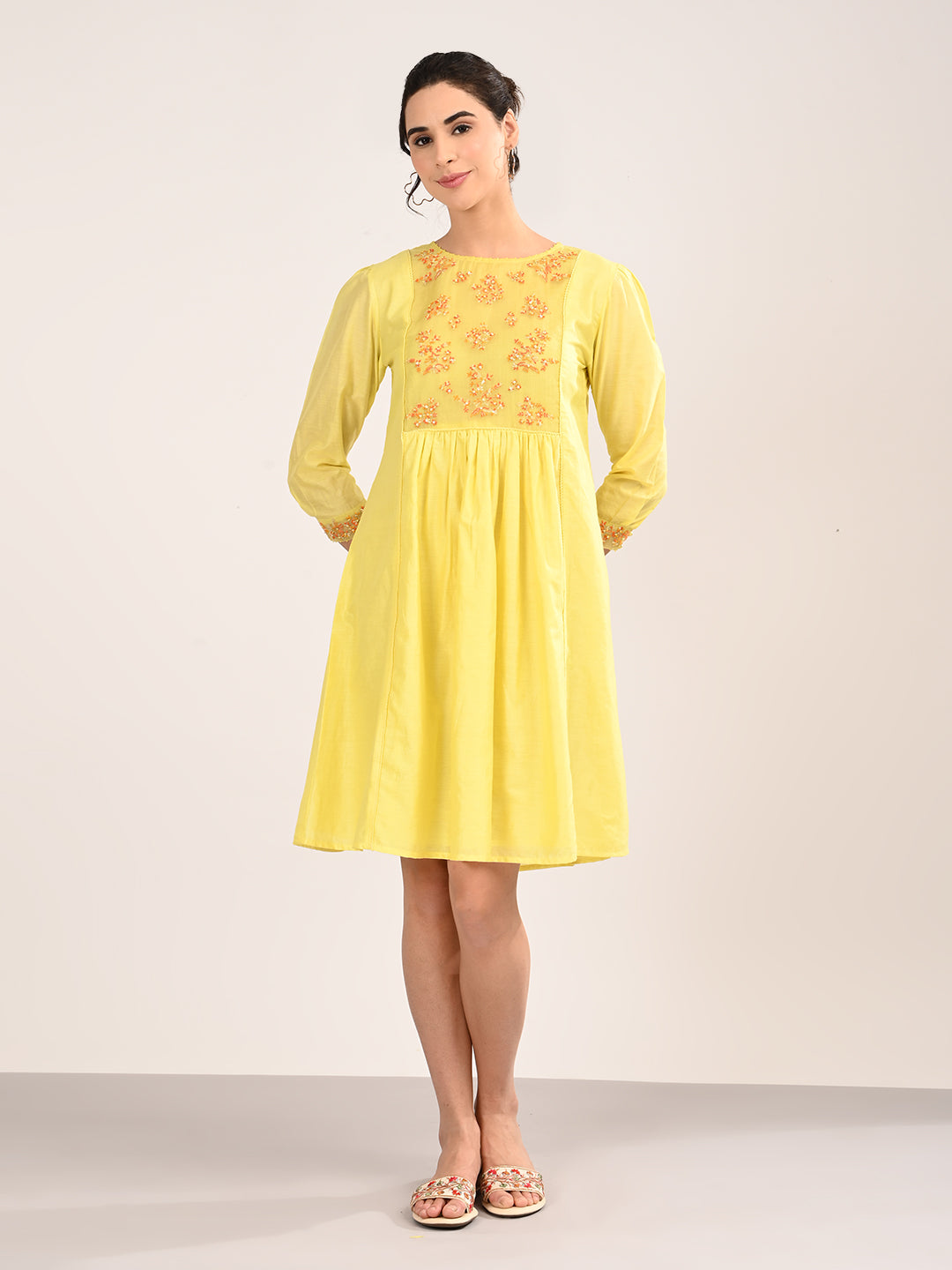 Yellow Silk Chanderi Knee-Length Dress with Embroidered Organza Yoke