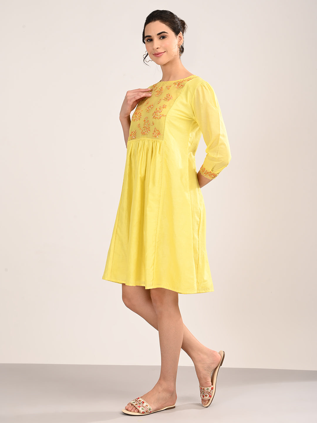 Yellow Silk Chanderi Knee-Length Dress with Embroidered Organza Yoke