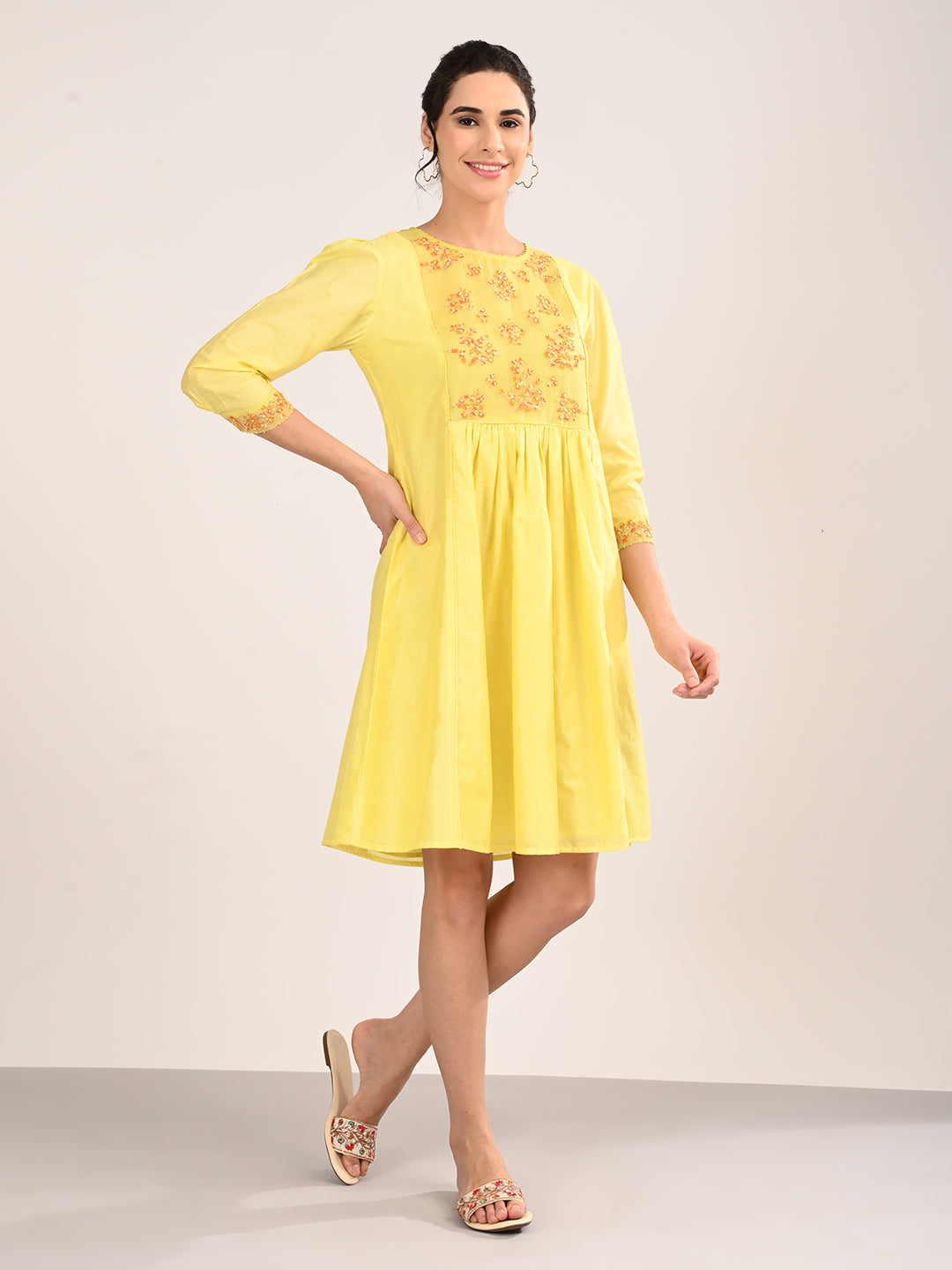 Yellow Silk Chanderi Knee-Length Dress with Embroidered Organza Yoke