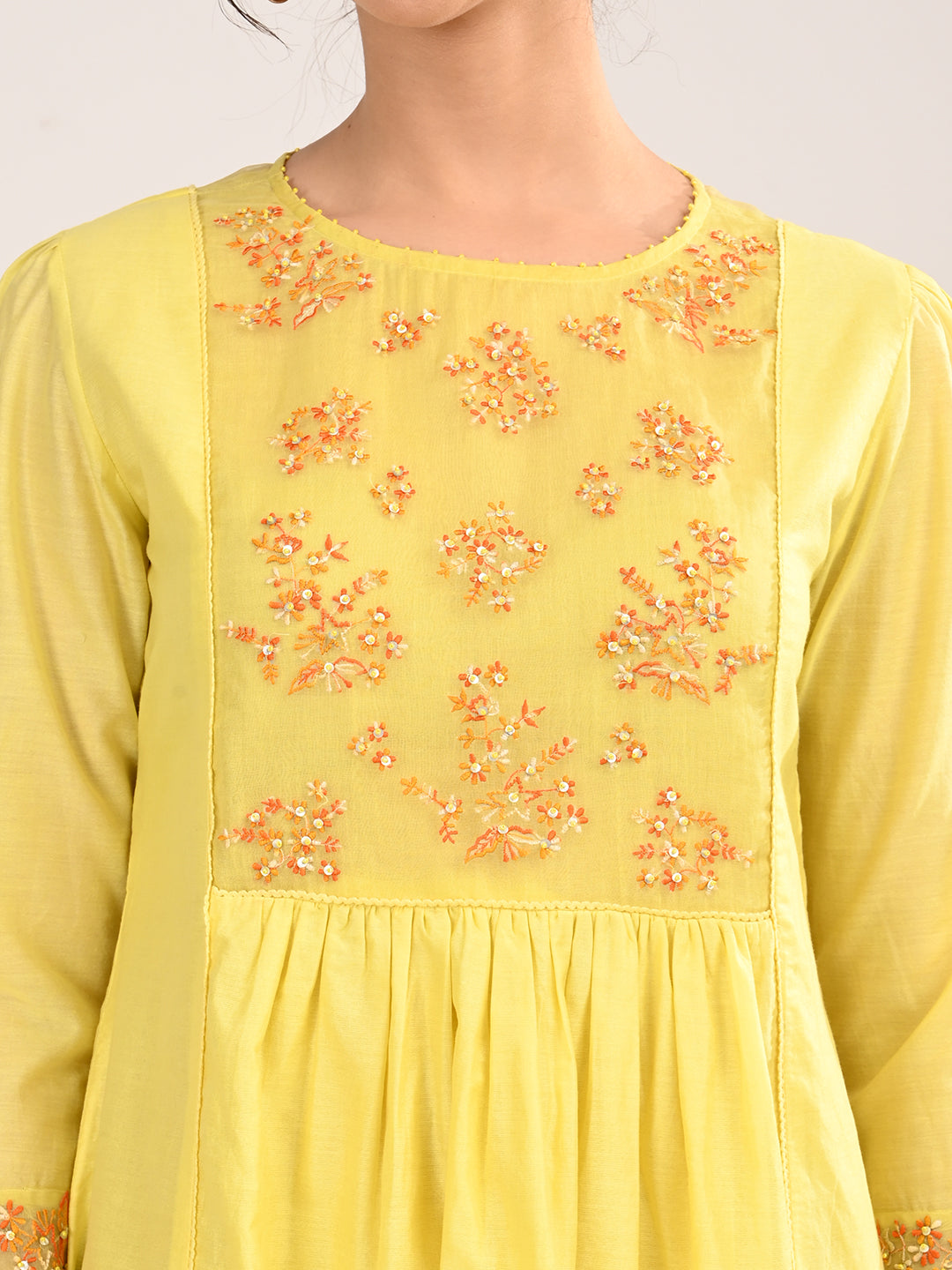Yellow Silk Chanderi Knee-Length Dress with Embroidered Organza Yoke
