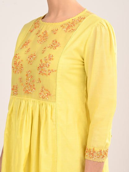 Yellow Silk Chanderi Knee-Length Dress with Embroidered Organza Yoke