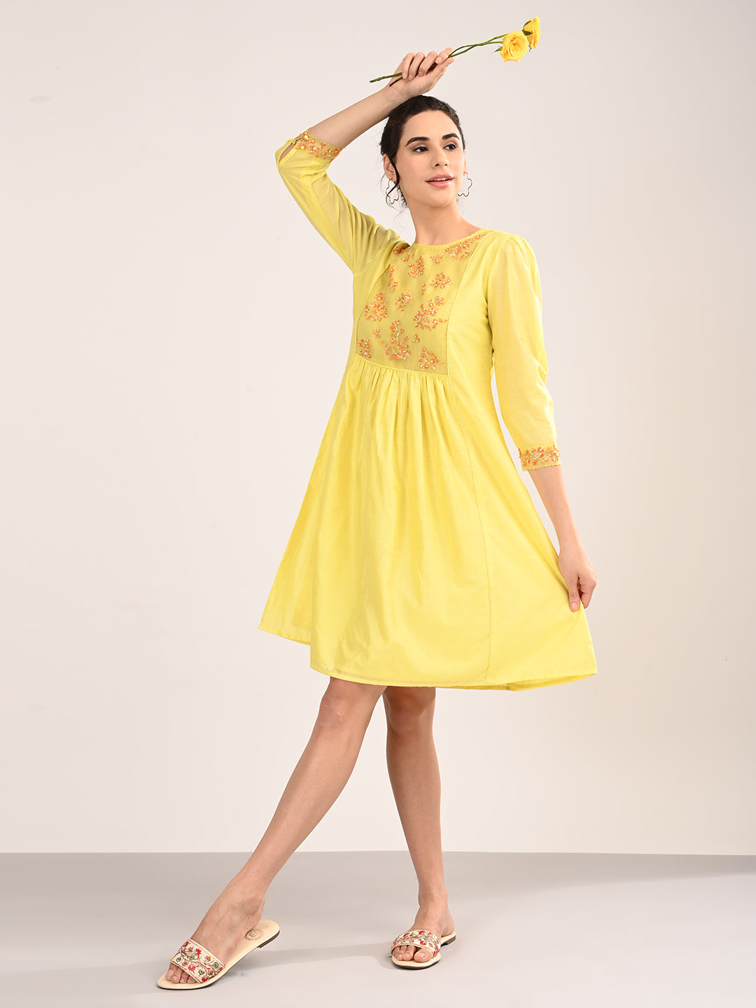 Yellow Silk Chanderi Knee-Length Dress with Embroidered Organza Yoke
