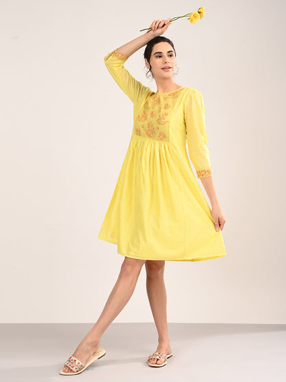 Yellow Silk Chanderi Knee-Length Dress with Embroidered Organza Yoke