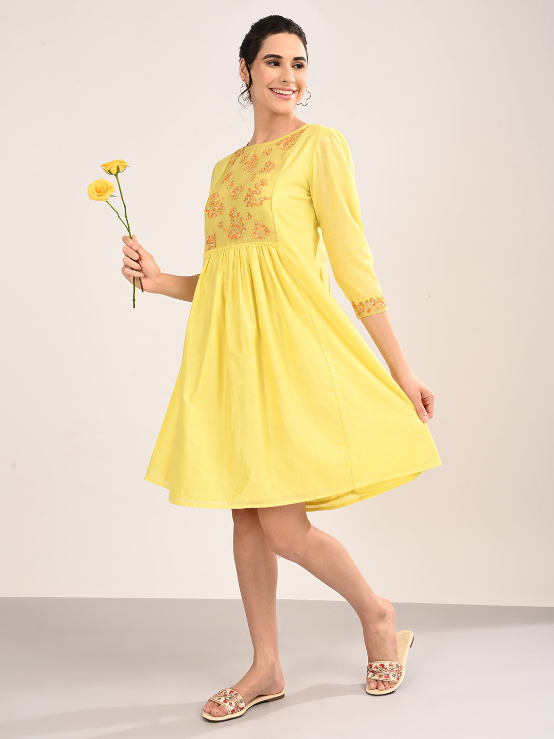 Yellow Silk Chanderi Knee-Length Dress with Embroidered Organza Yoke