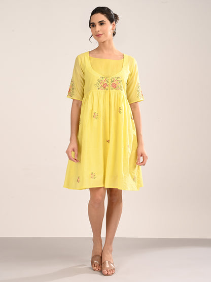 Yellow Floral Embroidery Dress