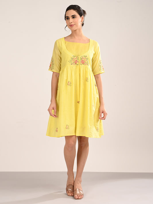 Yellow Floral Embroidery Dress