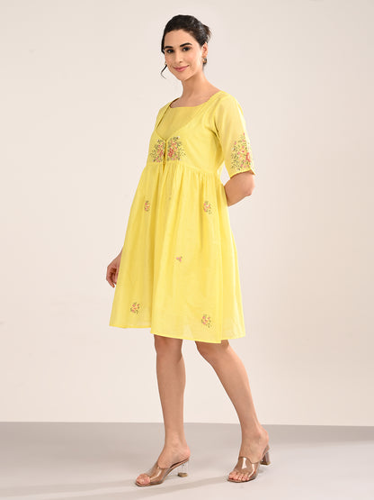 Yellow Floral Embroidery Dress