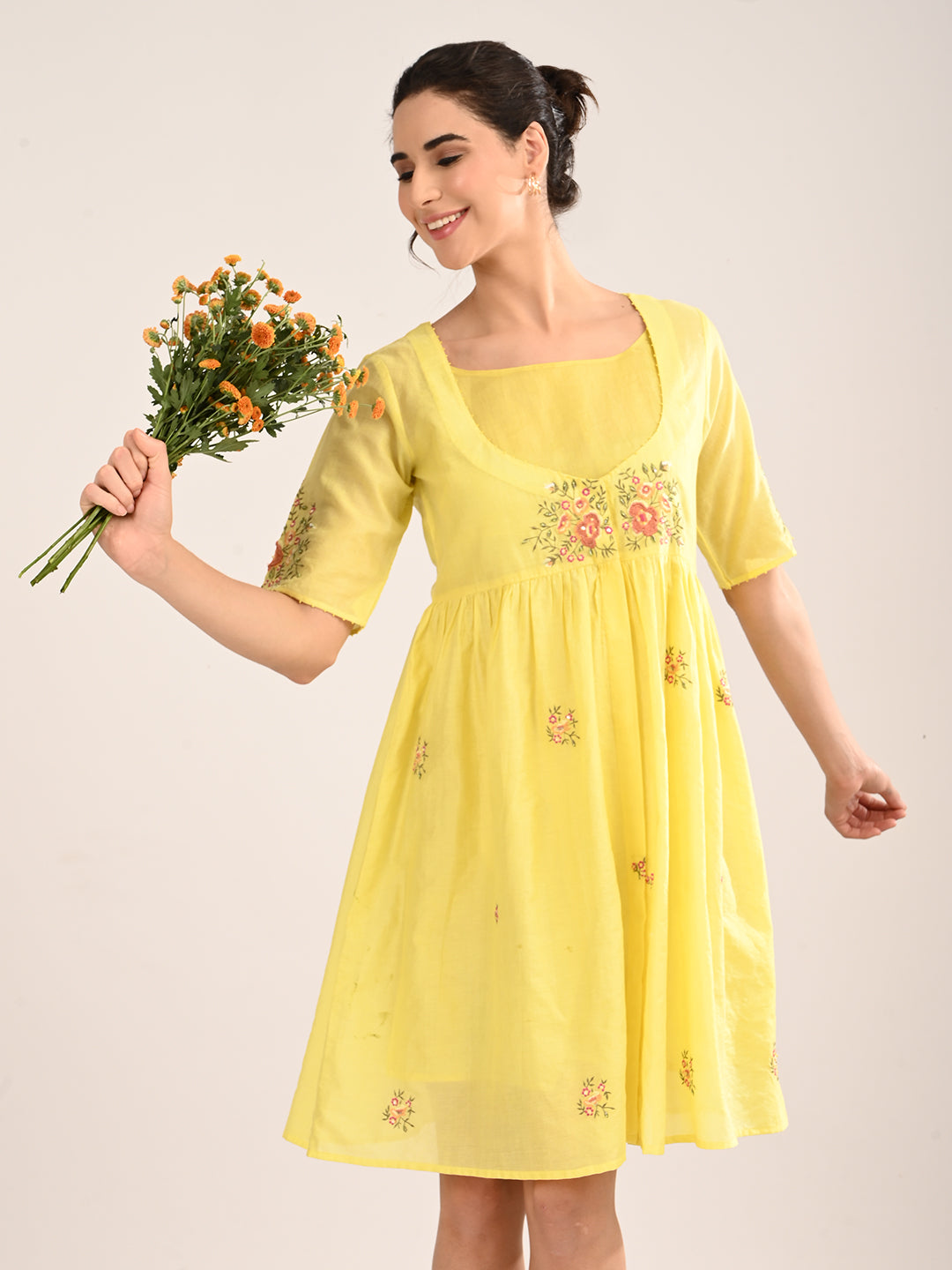 Yellow Floral Embroidery Dress