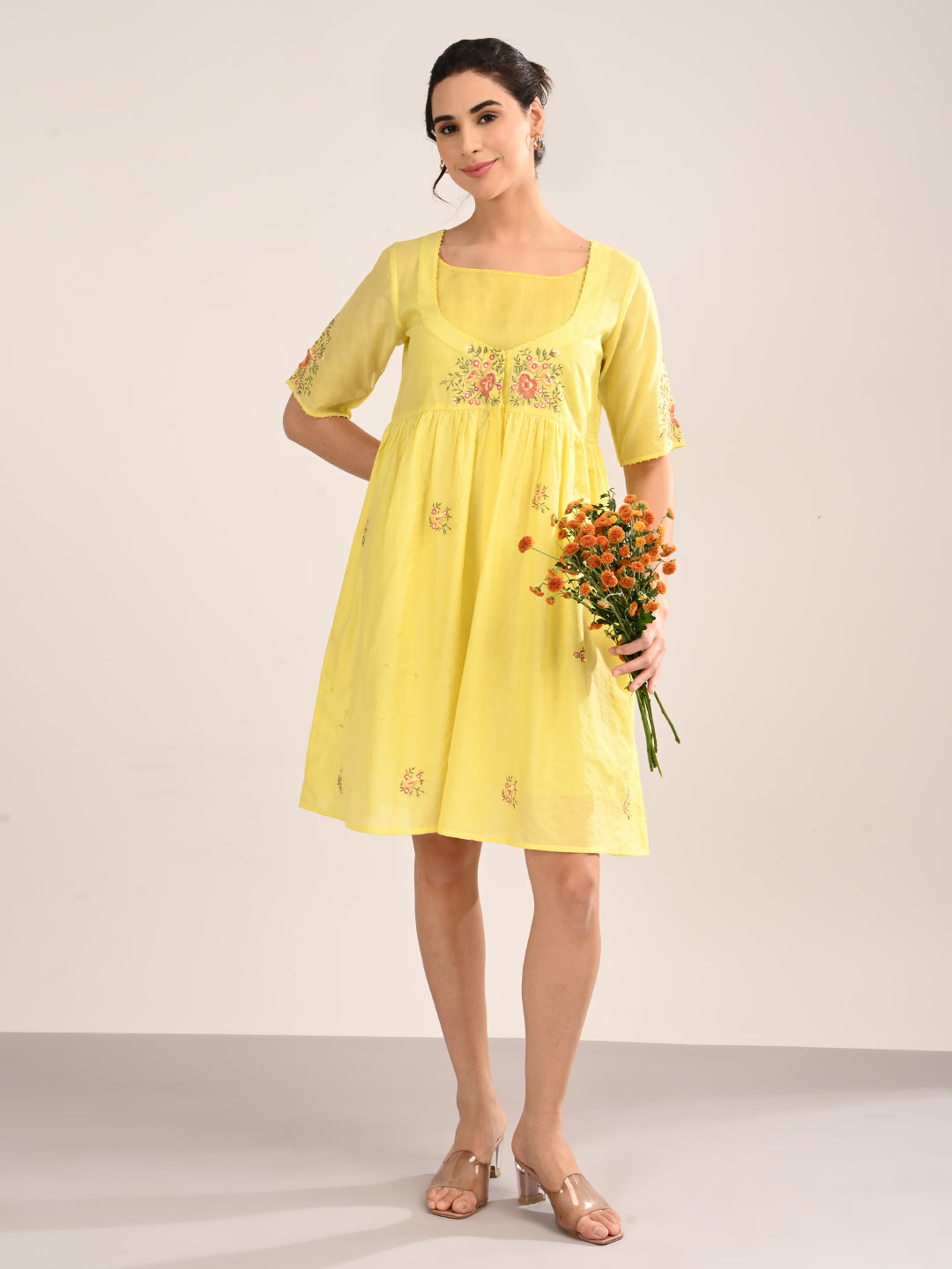 Yellow Floral Embroidery Dress