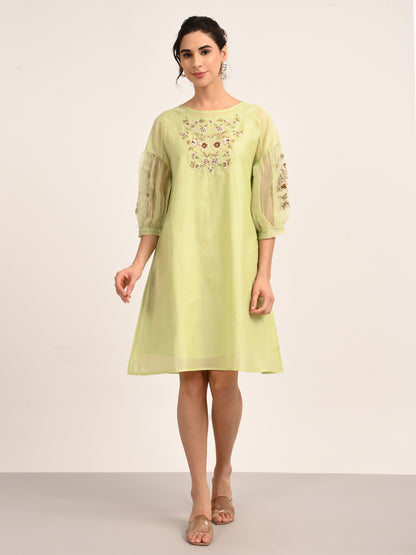 Green Silk Chanderi Dress with Hand-Embroidered Detailing