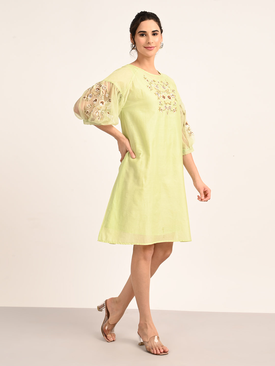 Green Silk Chanderi Dress with Hand-Embroidered Detailing